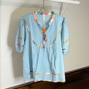 NWT Amazon Light Blue Peasant Top with‎ Multicolor Trim- XL